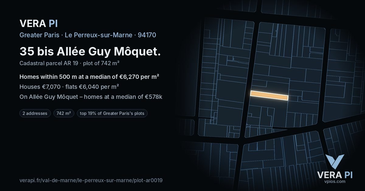 35 bis Allée Guy Môquet, Le Perreux-sur-Marne at night – the plot lit, the parcels around coloured by the prices near them