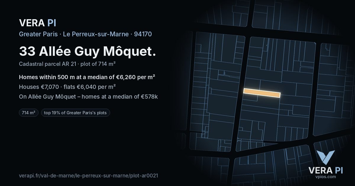 33 Allée Guy Môquet, Le Perreux-sur-Marne at night – the plot lit, the parcels around coloured by the prices near them