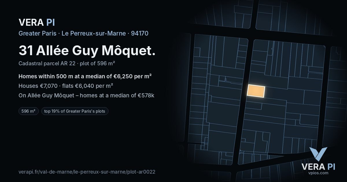 31 Allée Guy Môquet, Le Perreux-sur-Marne at night – the plot lit, the parcels around coloured by the prices near them