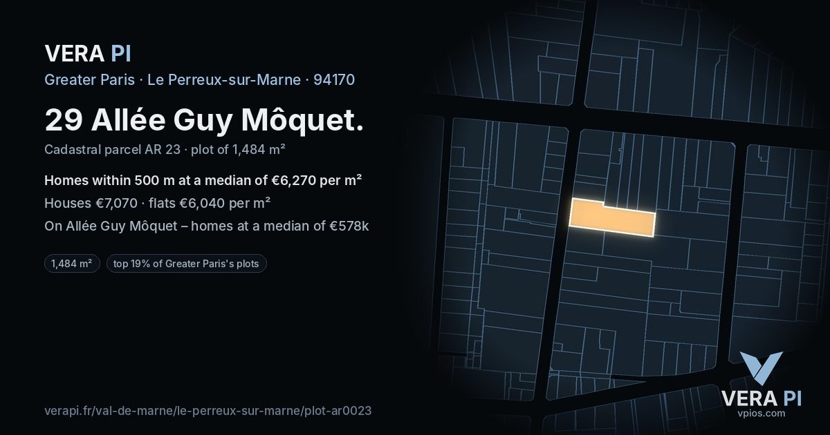 29 Allée Guy Môquet, Le Perreux-sur-Marne at night – the plot lit, the parcels around coloured by the prices near them