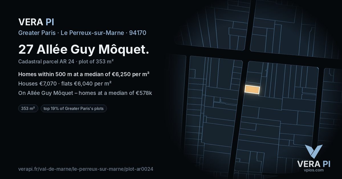 27 Allée Guy Môquet, Le Perreux-sur-Marne at night – the plot lit, the parcels around coloured by the prices near them