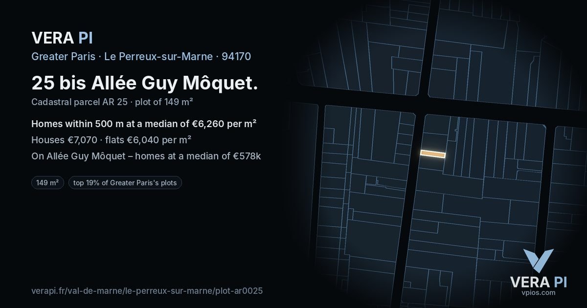 25 bis Allée Guy Môquet, Le Perreux-sur-Marne at night – the plot lit, the parcels around coloured by the prices near them