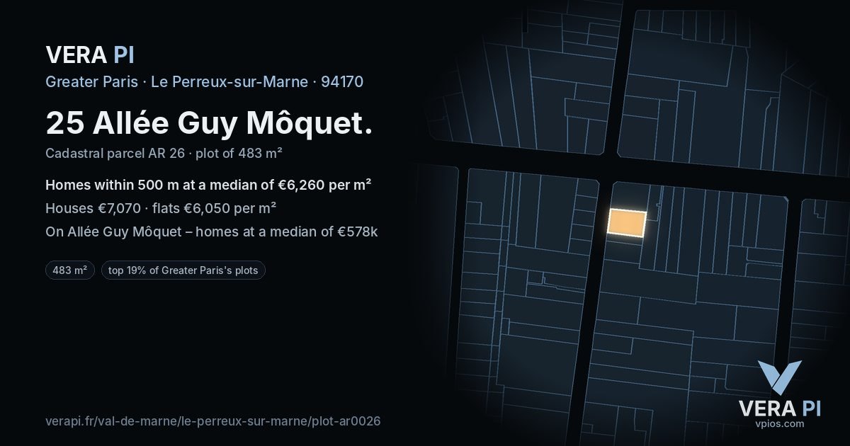 25 Allée Guy Môquet, Le Perreux-sur-Marne at night – the plot lit, the parcels around coloured by the prices near them