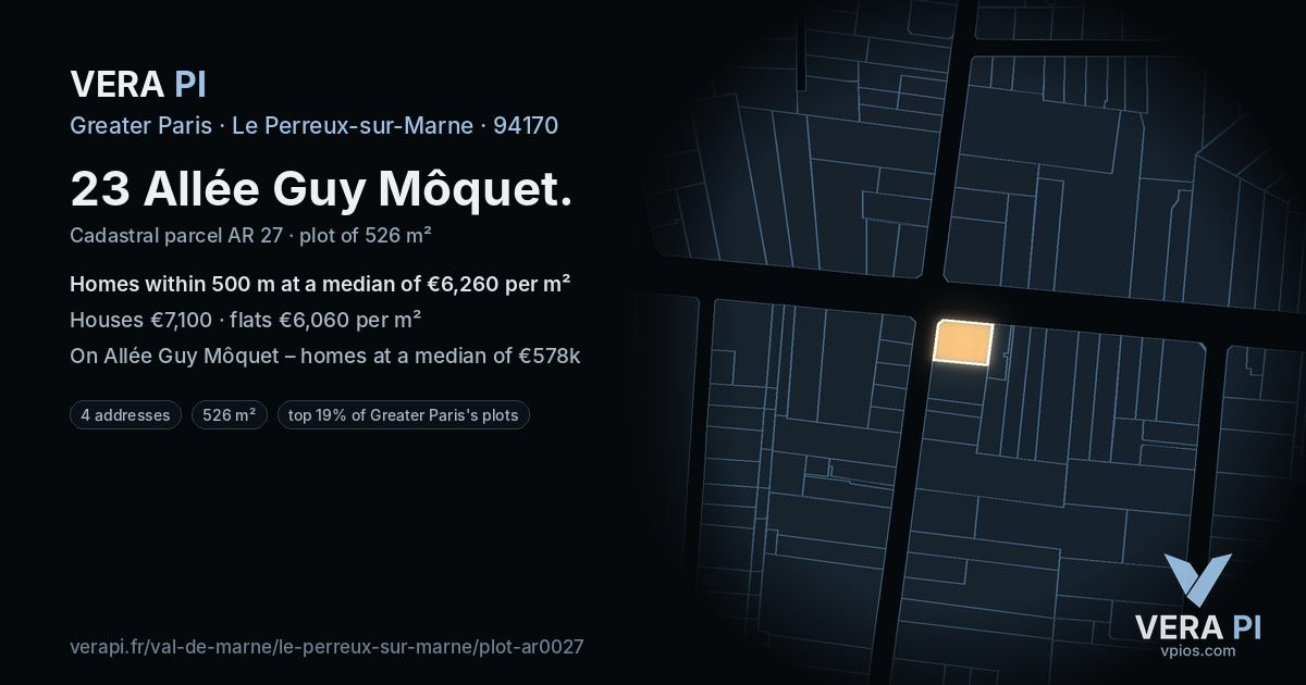 23 Allée Guy Môquet, Le Perreux-sur-Marne at night – the plot lit, the parcels around coloured by the prices near them