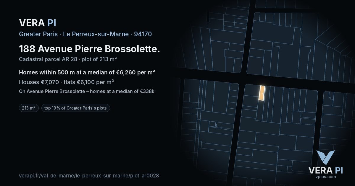 188 Avenue Pierre Brossolette, Le Perreux-sur-Marne at night – the plot lit, the parcels around coloured by the prices near them