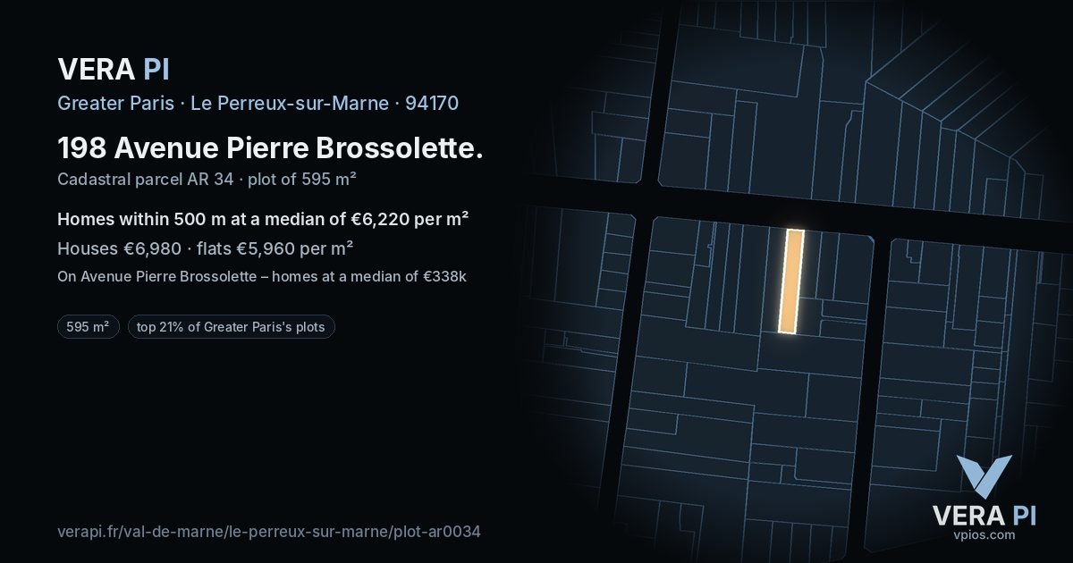 198 Avenue Pierre Brossolette, Le Perreux-sur-Marne at night – the plot lit, the parcels around coloured by the prices near them