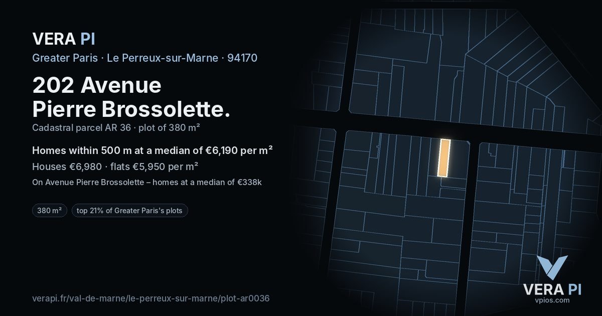 202 Avenue Pierre Brossolette, Le Perreux-sur-Marne at night – the plot lit, the parcels around coloured by the prices near them