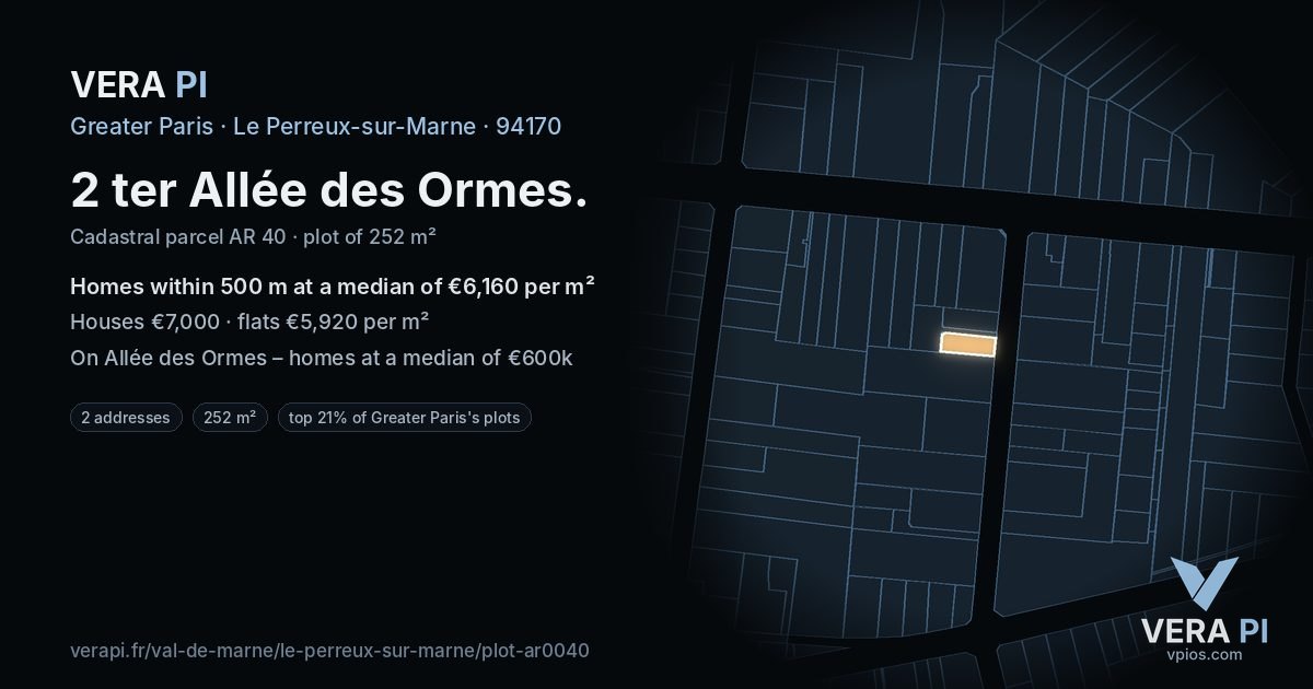 2 ter Allée des Ormes, Le Perreux-sur-Marne at night – the plot lit, the parcels around coloured by the prices near them