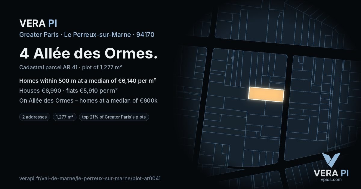 4 Allée des Ormes, Le Perreux-sur-Marne at night – the plot lit, the parcels around coloured by the prices near them