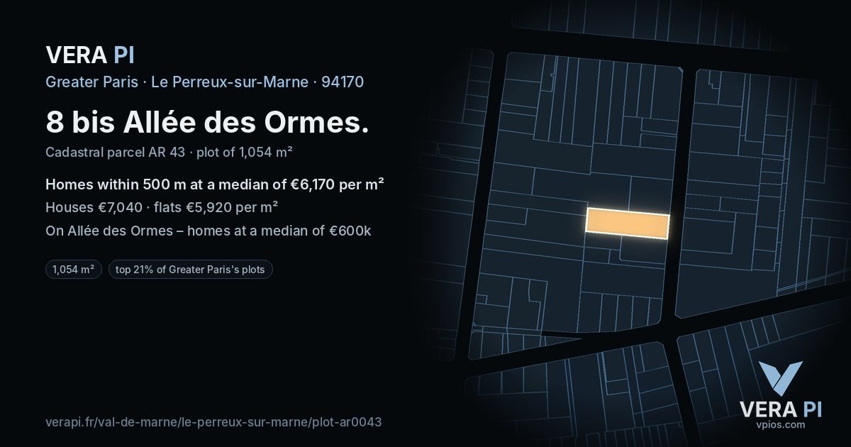 8 bis Allée des Ormes, Le Perreux-sur-Marne at night – the plot lit, the parcels around coloured by the prices near them