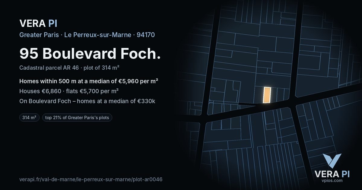95 Boulevard Foch, Le Perreux-sur-Marne at night – the plot lit, the parcels around coloured by the prices near them