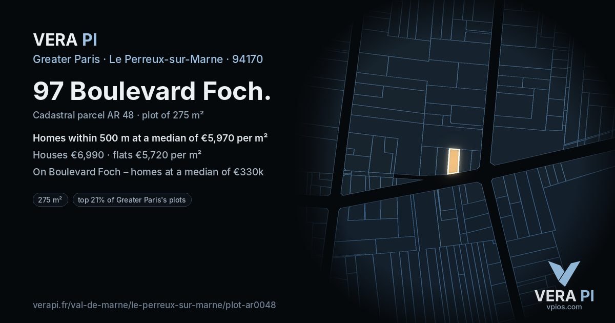 97 Boulevard Foch, Le Perreux-sur-Marne at night – the plot lit, the parcels around coloured by the prices near them