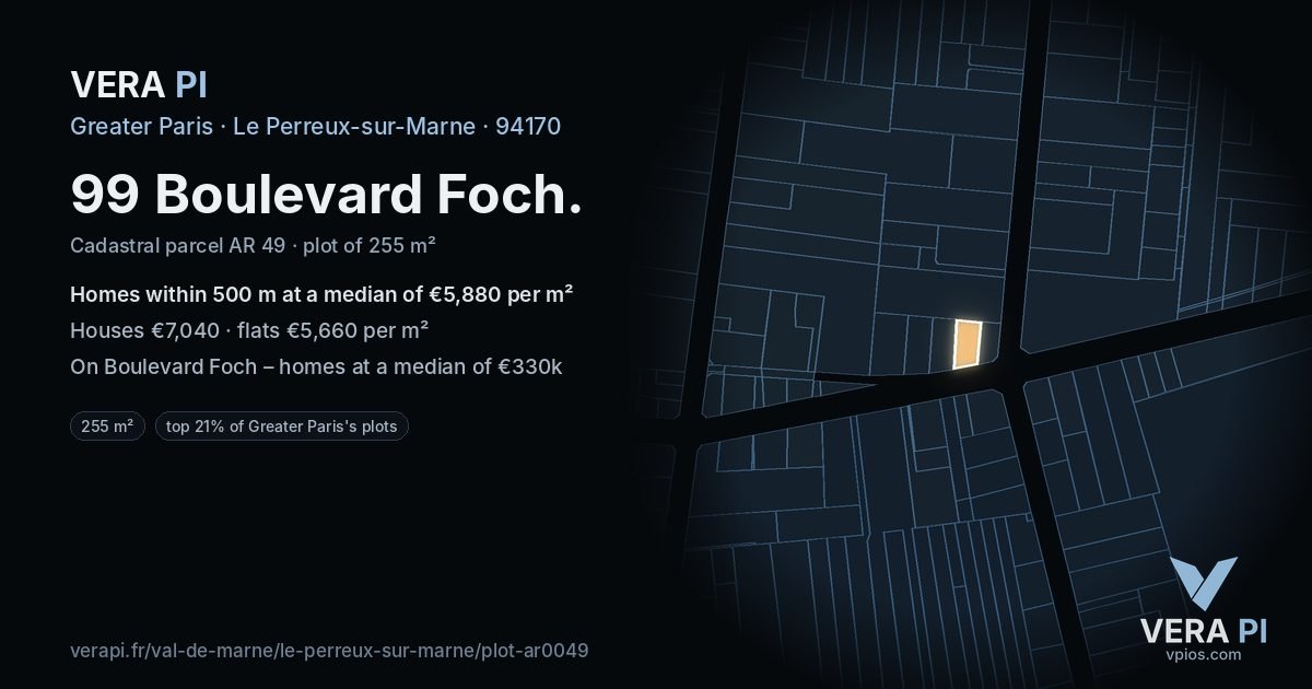 99 Boulevard Foch, Le Perreux-sur-Marne at night – the plot lit, the parcels around coloured by the prices near them