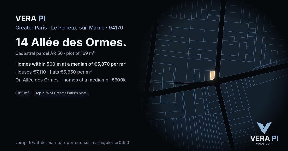 14 Allée des Ormes, Le Perreux-sur-Marne at night – the plot lit, the parcels around coloured by the prices near them