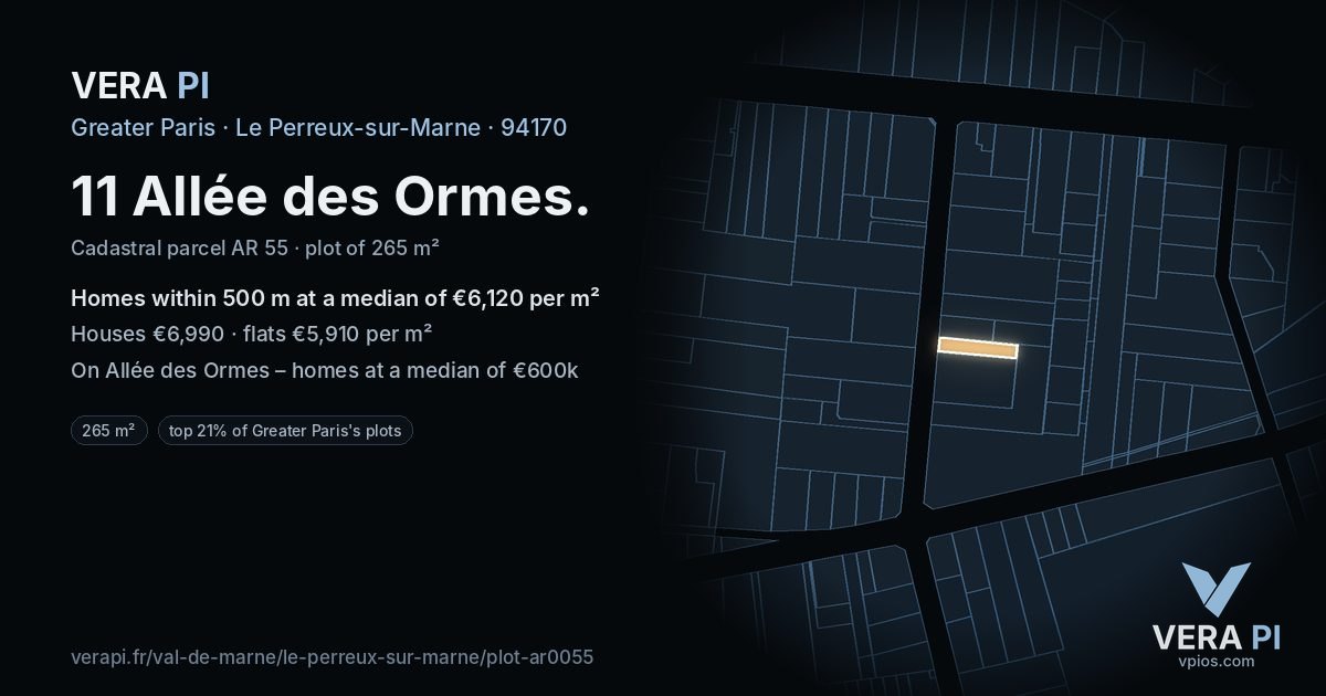 11 Allée des Ormes, Le Perreux-sur-Marne at night – the plot lit, the parcels around coloured by the prices near them