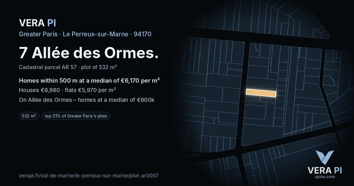 7 Allée des Ormes, Le Perreux-sur-Marne at night – the plot lit, the parcels around coloured by the prices near them