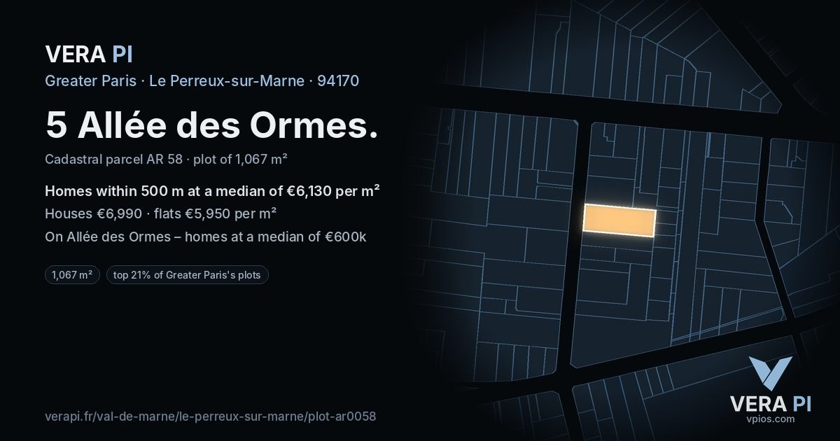 5 Allée des Ormes, Le Perreux-sur-Marne at night – the plot lit, the parcels around coloured by the prices near them