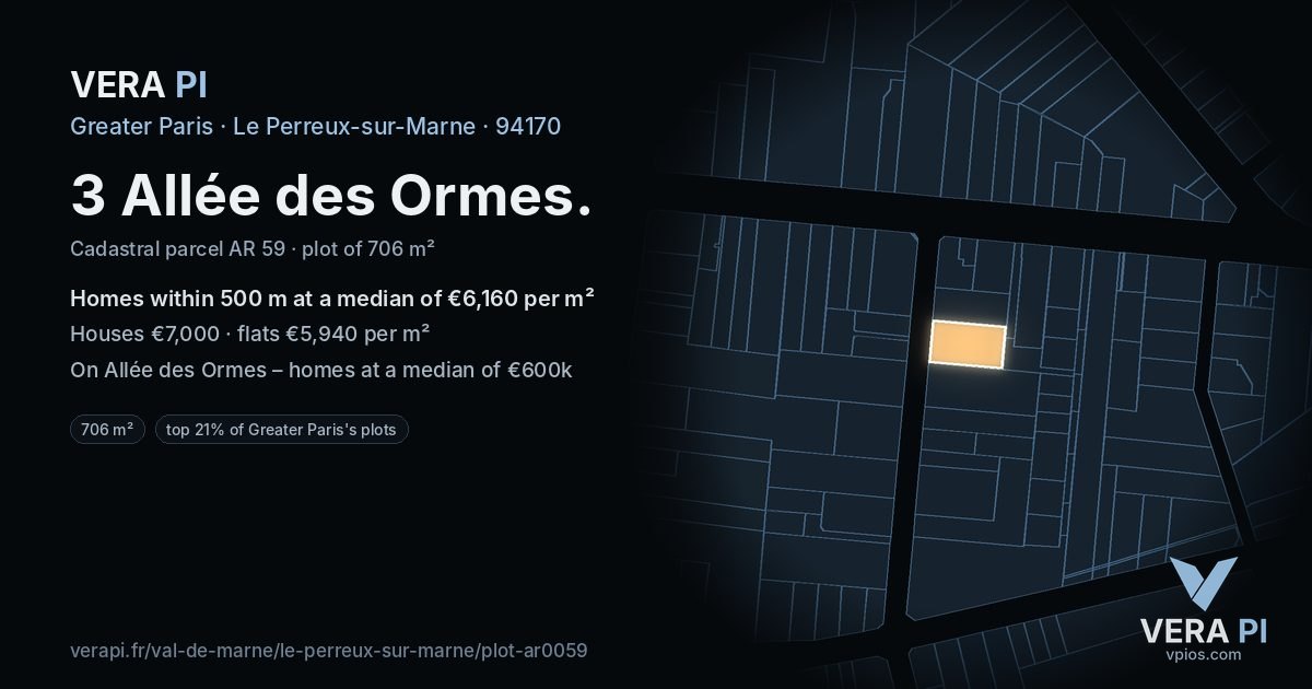 3 Allée des Ormes, Le Perreux-sur-Marne at night – the plot lit, the parcels around coloured by the prices near them