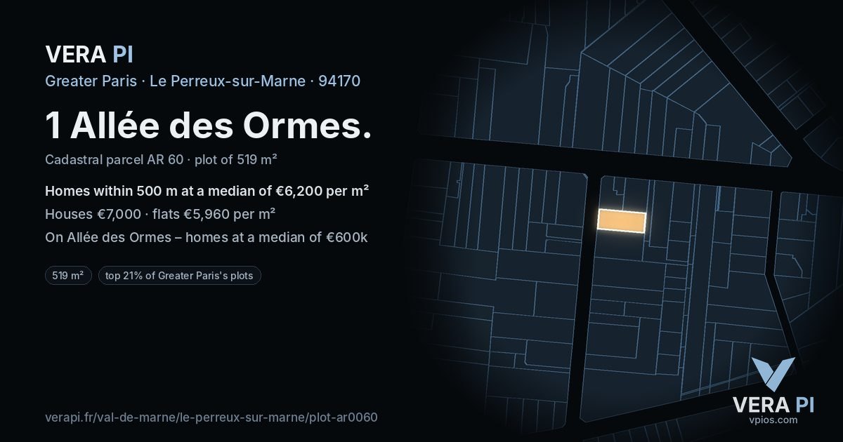 1 Allée des Ormes, Le Perreux-sur-Marne at night – the plot lit, the parcels around coloured by the prices near them