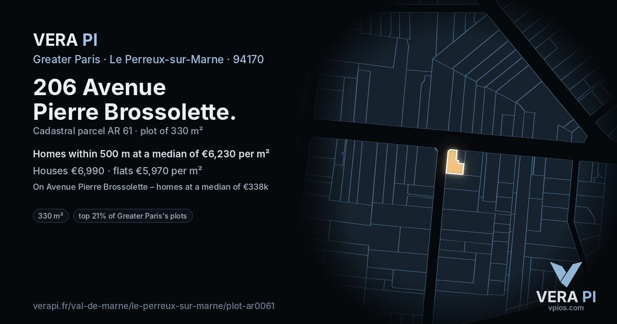206 Avenue Pierre Brossolette, Le Perreux-sur-Marne at night – the plot lit, the parcels around coloured by the prices near them