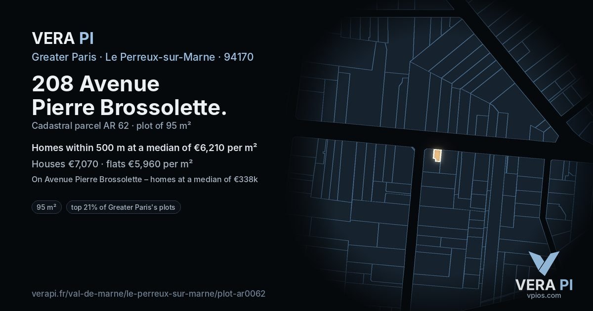 208 Avenue Pierre Brossolette, Le Perreux-sur-Marne at night – the plot lit, the parcels around coloured by the prices near them