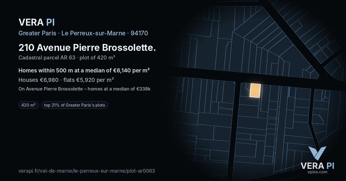 210 Avenue Pierre Brossolette, Le Perreux-sur-Marne at night – the plot lit, the parcels around coloured by the prices near them