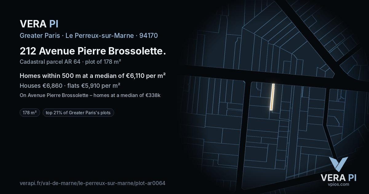 212 Avenue Pierre Brossolette, Le Perreux-sur-Marne at night – the plot lit, the parcels around coloured by the prices near them