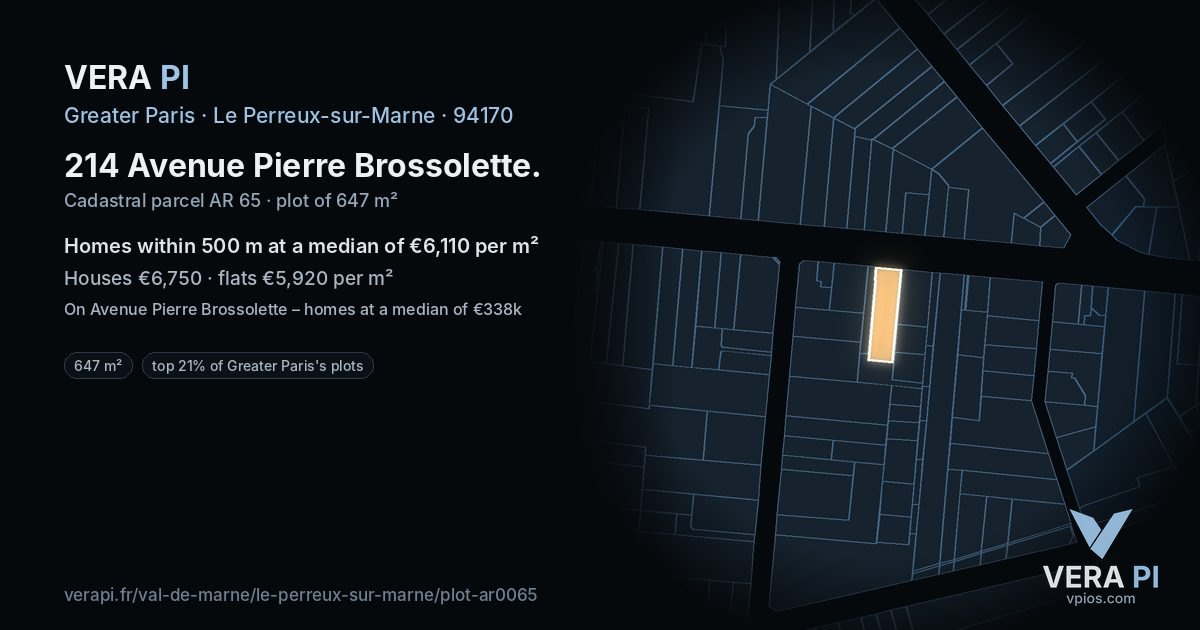 214 Avenue Pierre Brossolette, Le Perreux-sur-Marne at night – the plot lit, the parcels around coloured by the prices near them