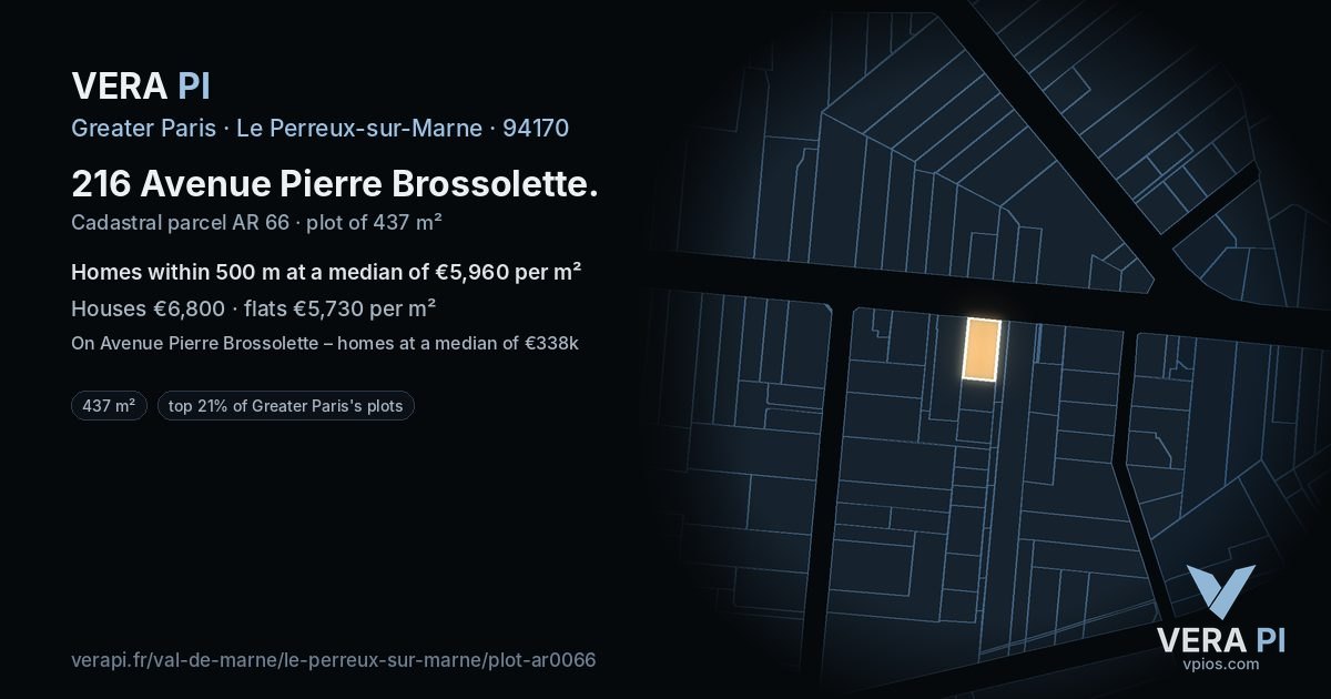 216 Avenue Pierre Brossolette, Le Perreux-sur-Marne at night – the plot lit, the parcels around coloured by the prices near them