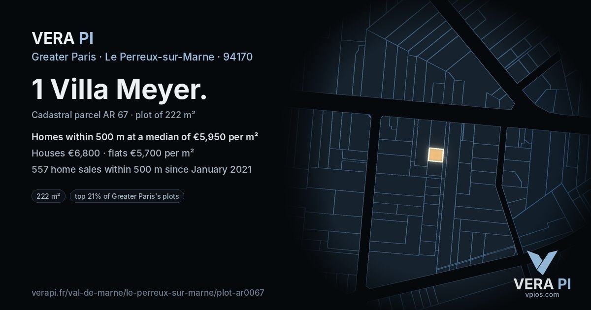 1 Villa Meyer, Le Perreux-sur-Marne at night – the plot lit, the parcels around coloured by the prices near them