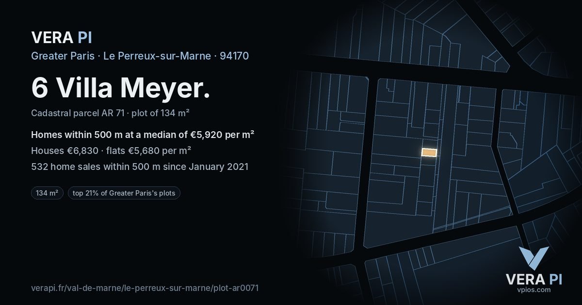 6 Villa Meyer, Le Perreux-sur-Marne at night – the plot lit, the parcels around coloured by the prices near them