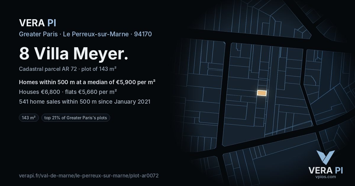 8 Villa Meyer, Le Perreux-sur-Marne at night – the plot lit, the parcels around coloured by the prices near them