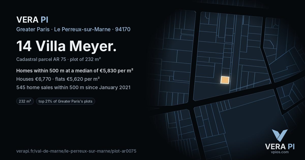 14 Villa Meyer, Le Perreux-sur-Marne at night – the plot lit, the parcels around coloured by the prices near them