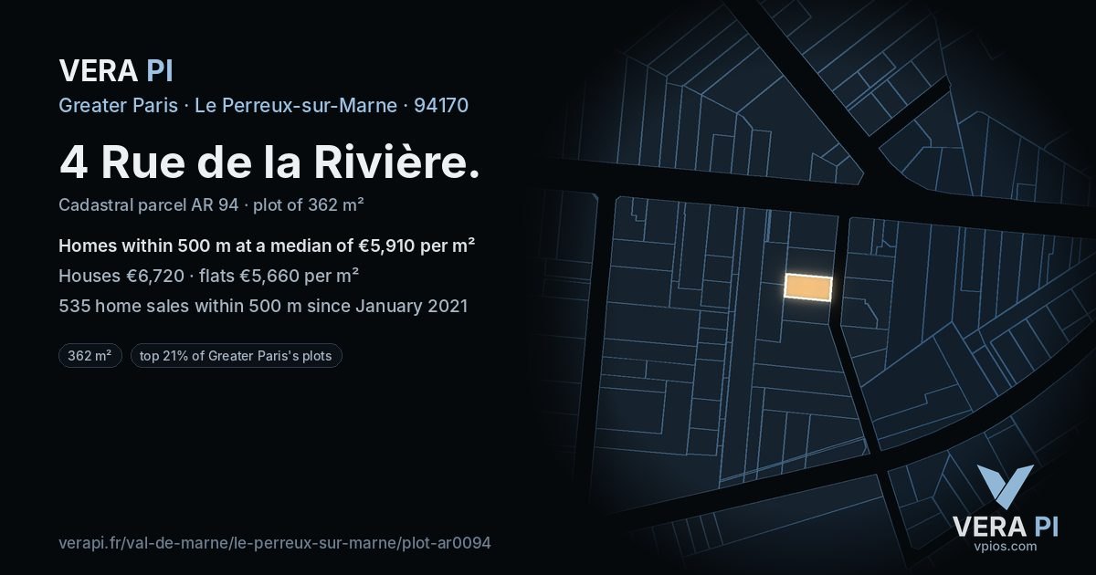 4 Rue de la Rivière, Le Perreux-sur-Marne at night – the plot lit, the parcels around coloured by the prices near them