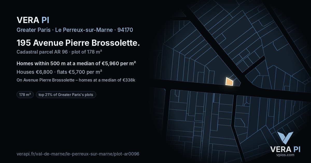 195 Avenue Pierre Brossolette, Le Perreux-sur-Marne at night – the plot lit, the parcels around coloured by the prices near them