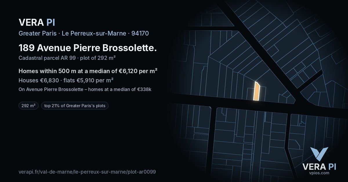 189 Avenue Pierre Brossolette, Le Perreux-sur-Marne at night – the plot lit, the parcels around coloured by the prices near them