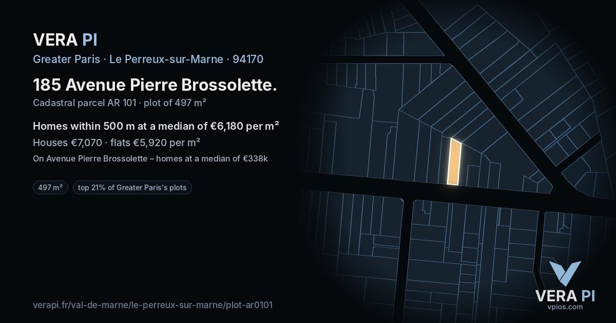185 Avenue Pierre Brossolette, Le Perreux-sur-Marne at night – the plot lit, the parcels around coloured by the prices near them
