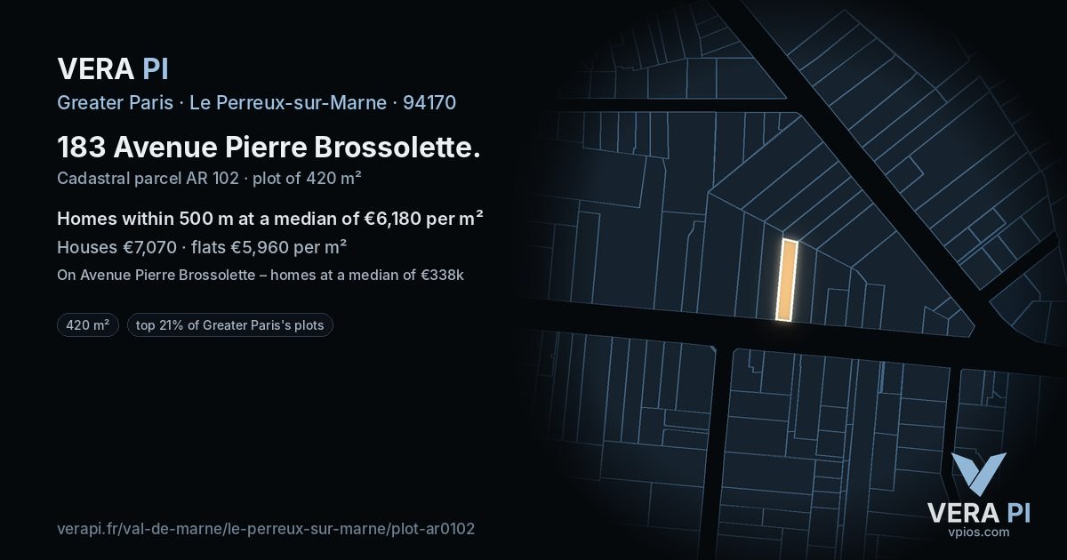 183 Avenue Pierre Brossolette, Le Perreux-sur-Marne at night – the plot lit, the parcels around coloured by the prices near them
