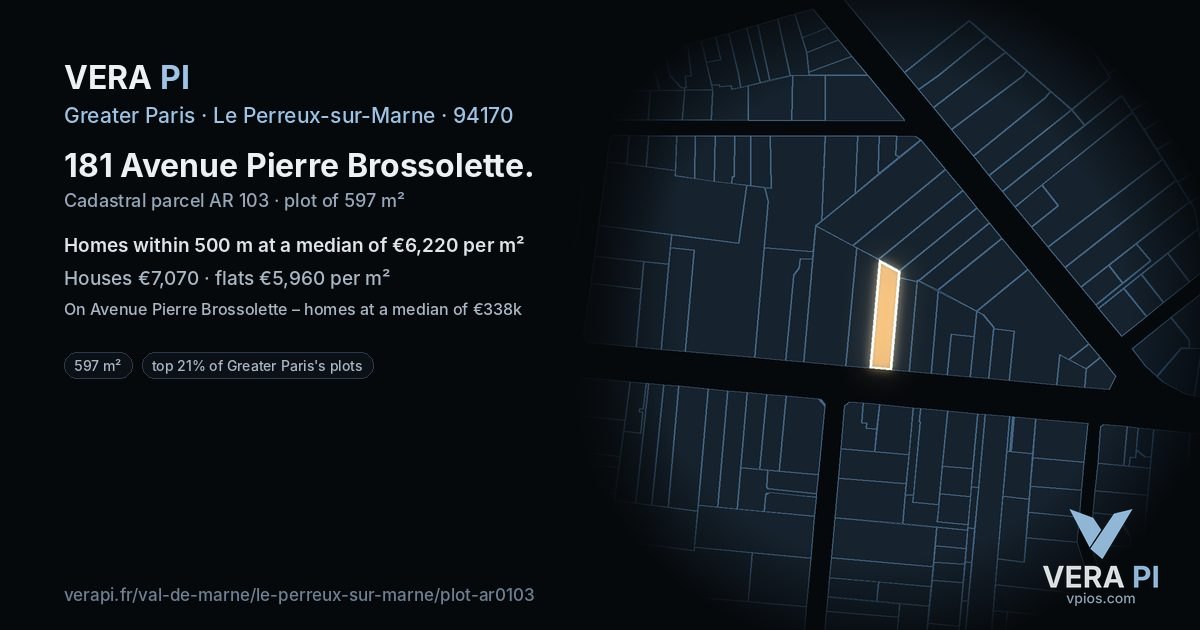 181 Avenue Pierre Brossolette, Le Perreux-sur-Marne at night – the plot lit, the parcels around coloured by the prices near them