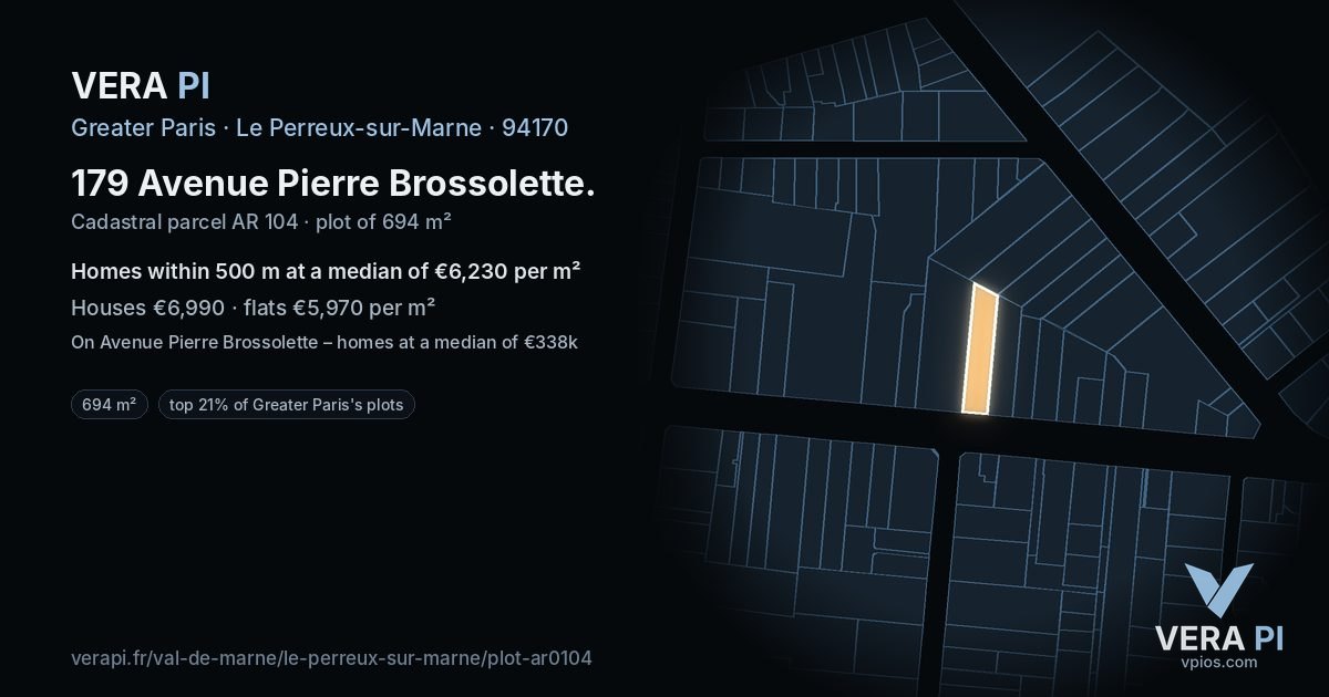 179 Avenue Pierre Brossolette, Le Perreux-sur-Marne at night – the plot lit, the parcels around coloured by the prices near them