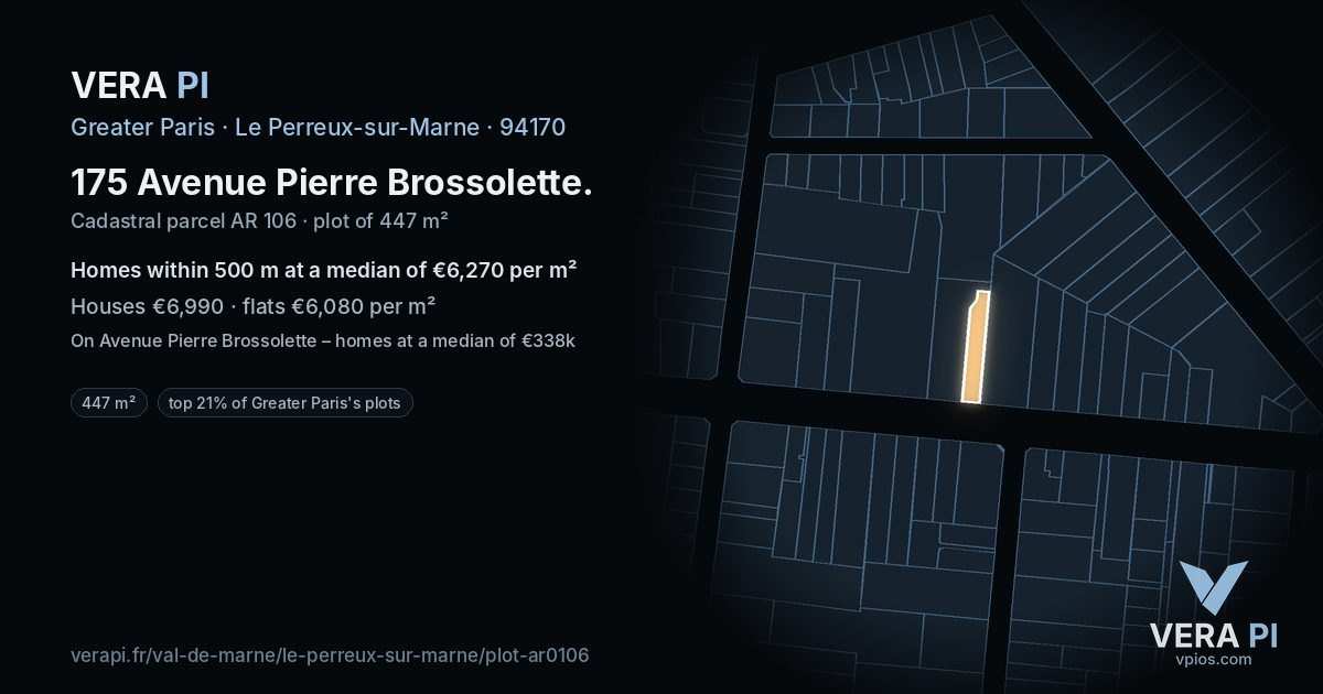 175 Avenue Pierre Brossolette, Le Perreux-sur-Marne at night – the plot lit, the parcels around coloured by the prices near them