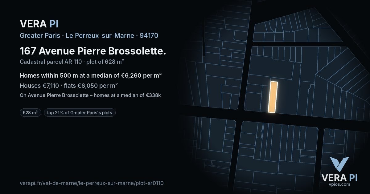 167 Avenue Pierre Brossolette, Le Perreux-sur-Marne at night – the plot lit, the parcels around coloured by the prices near them