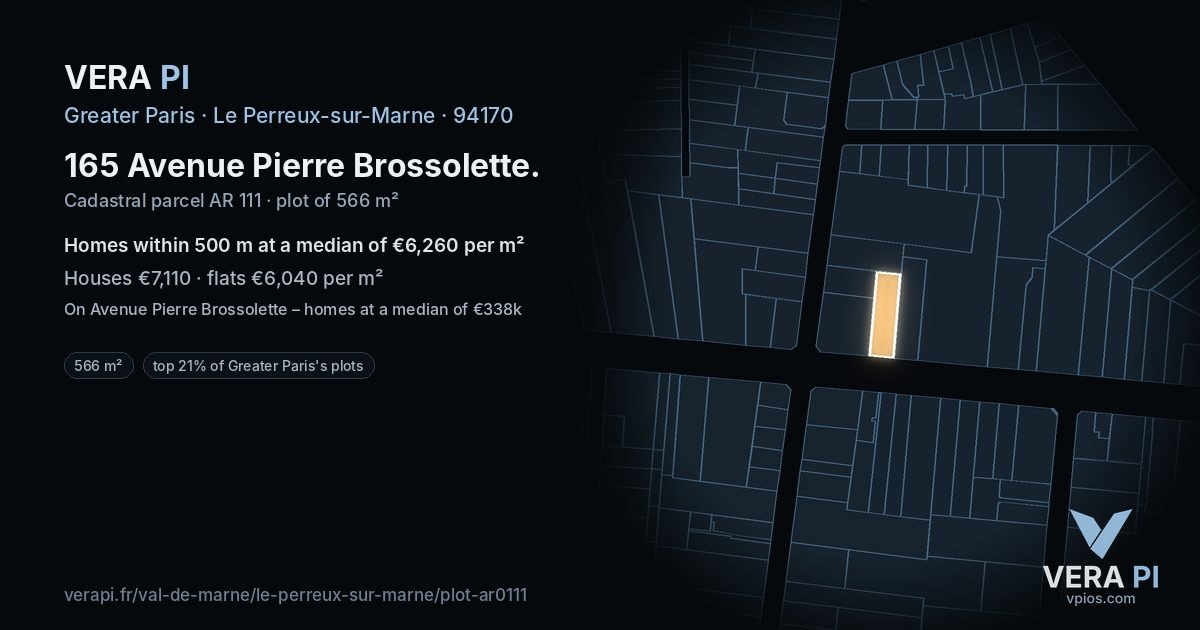 165 Avenue Pierre Brossolette, Le Perreux-sur-Marne at night – the plot lit, the parcels around coloured by the prices near them