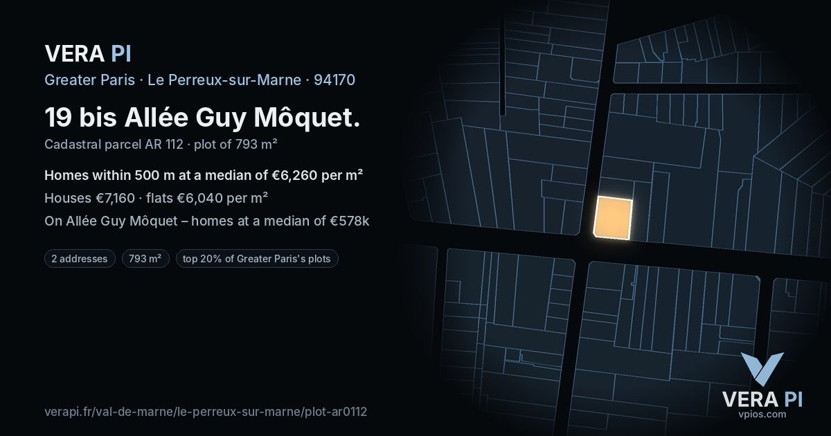 19 bis Allée Guy Môquet, Le Perreux-sur-Marne at night – the plot lit, the parcels around coloured by the prices near them