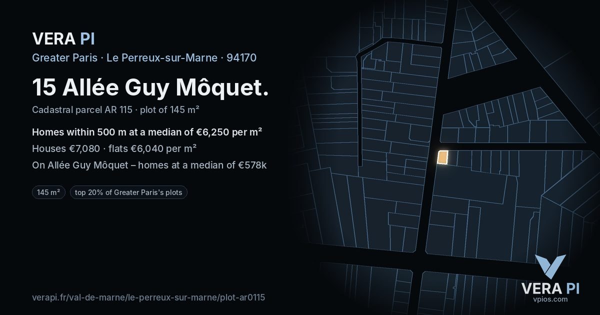 15 Allée Guy Môquet, Le Perreux-sur-Marne at night – the plot lit, the parcels around coloured by the prices near them