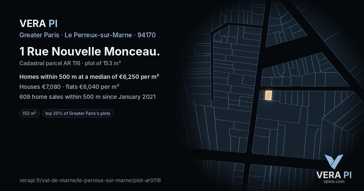 1 Rue Nouvelle Monceau, Le Perreux-sur-Marne at night – the plot lit, the parcels around coloured by the prices near them