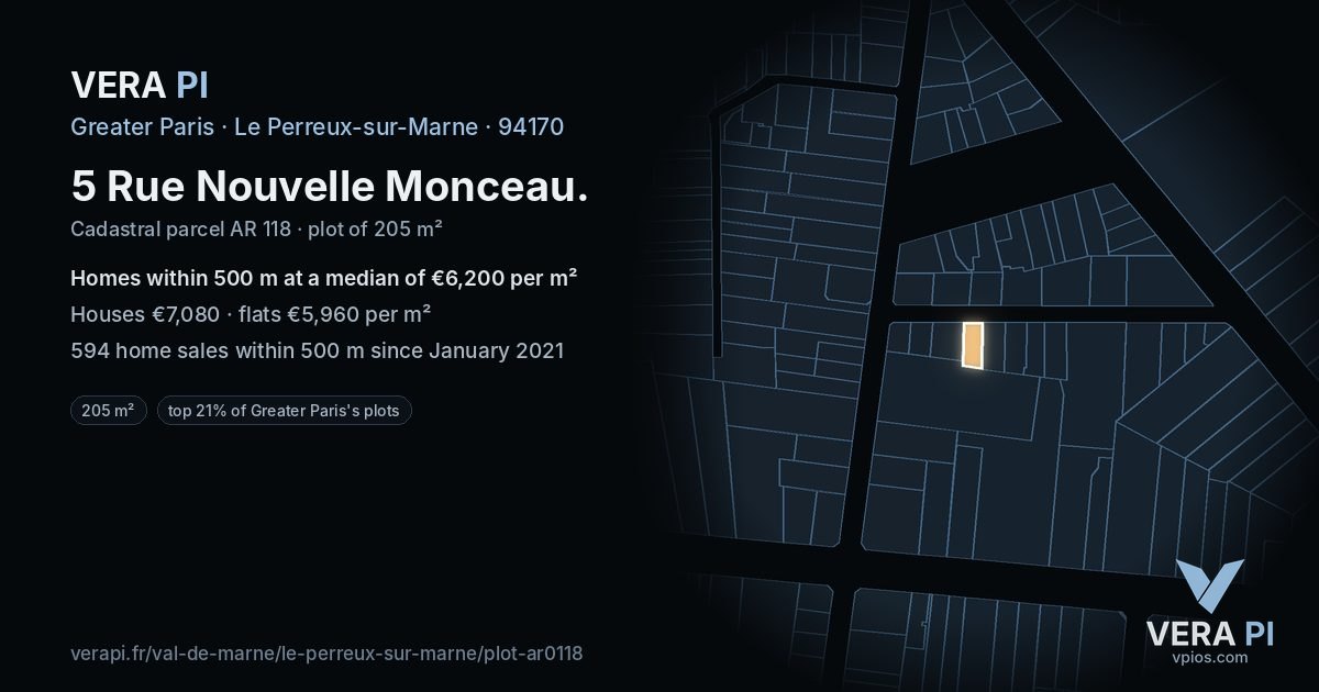 5 Rue Nouvelle Monceau, Le Perreux-sur-Marne at night – the plot lit, the parcels around coloured by the prices near them