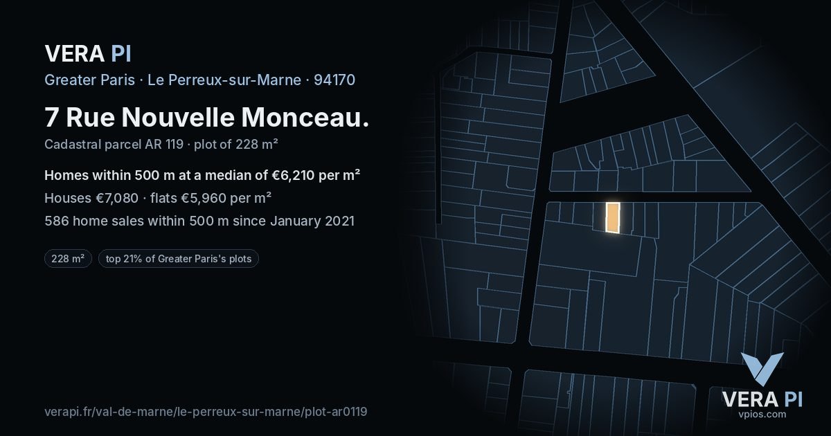 7 Rue Nouvelle Monceau, Le Perreux-sur-Marne at night – the plot lit, the parcels around coloured by the prices near them