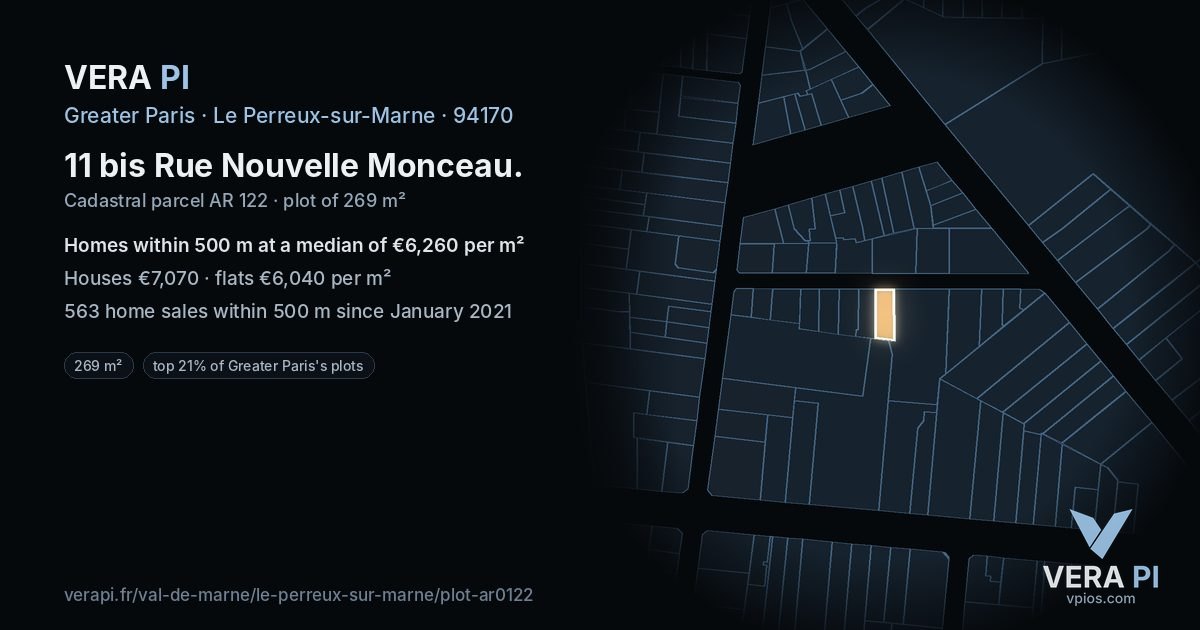 11 bis Rue Nouvelle Monceau, Le Perreux-sur-Marne at night – the plot lit, the parcels around coloured by the prices near them