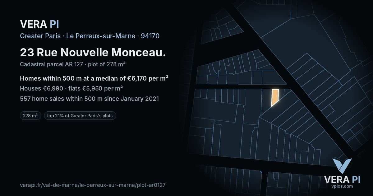 23 Rue Nouvelle Monceau, Le Perreux-sur-Marne at night – the plot lit, the parcels around coloured by the prices near them